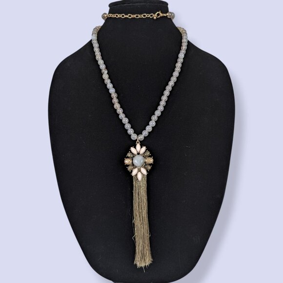 Bohemian Natural Chalcedony Beaded Fringe Pendant Necklace - Picture 1 of 6